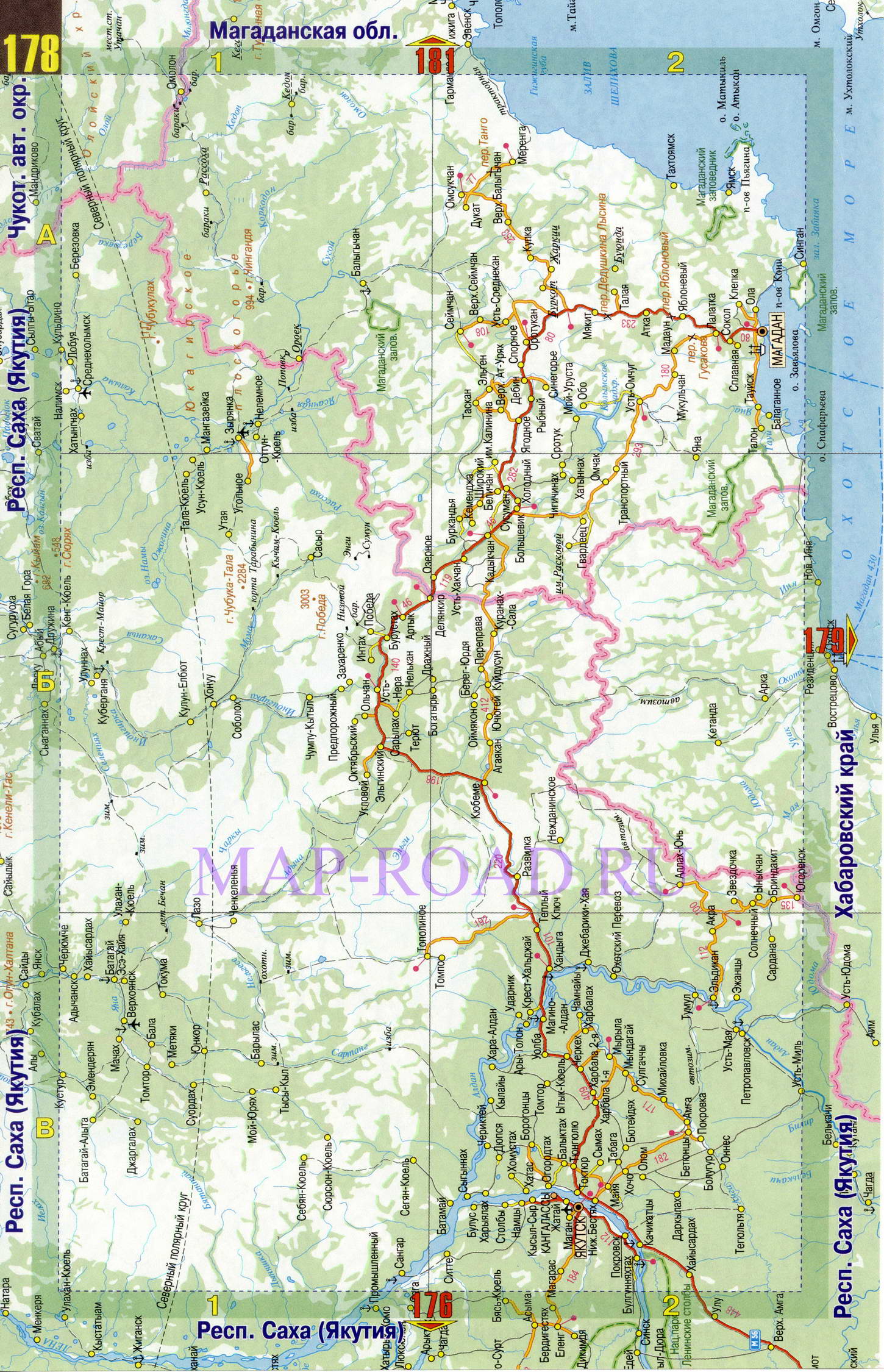 Карта дорог Магаданской области. Подробная автомобильная карта - Магаданская область, A0 - 