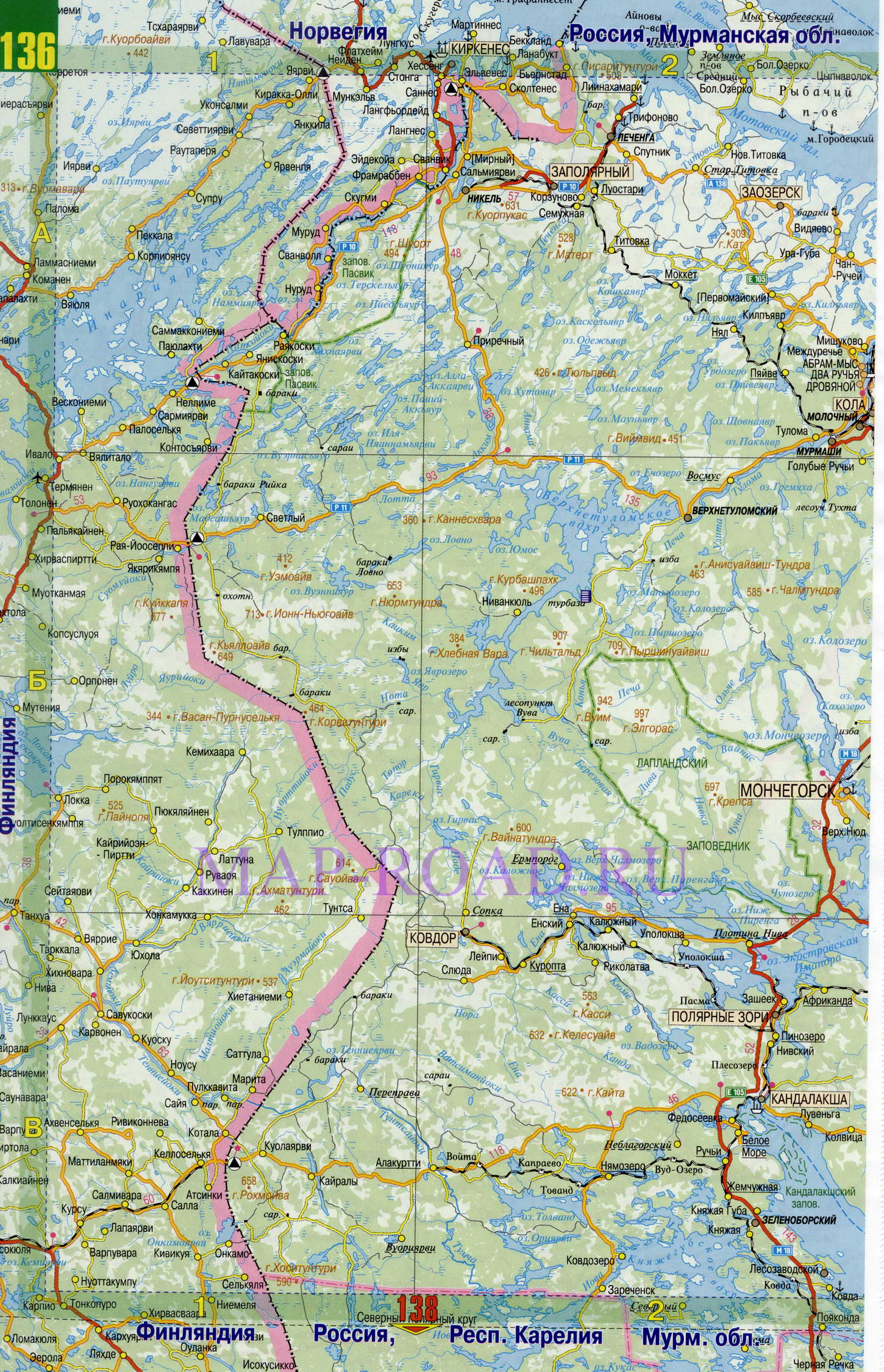 Карта дорог Мурманской области. Подробная карта дорог  Мурманская область, A0 - 