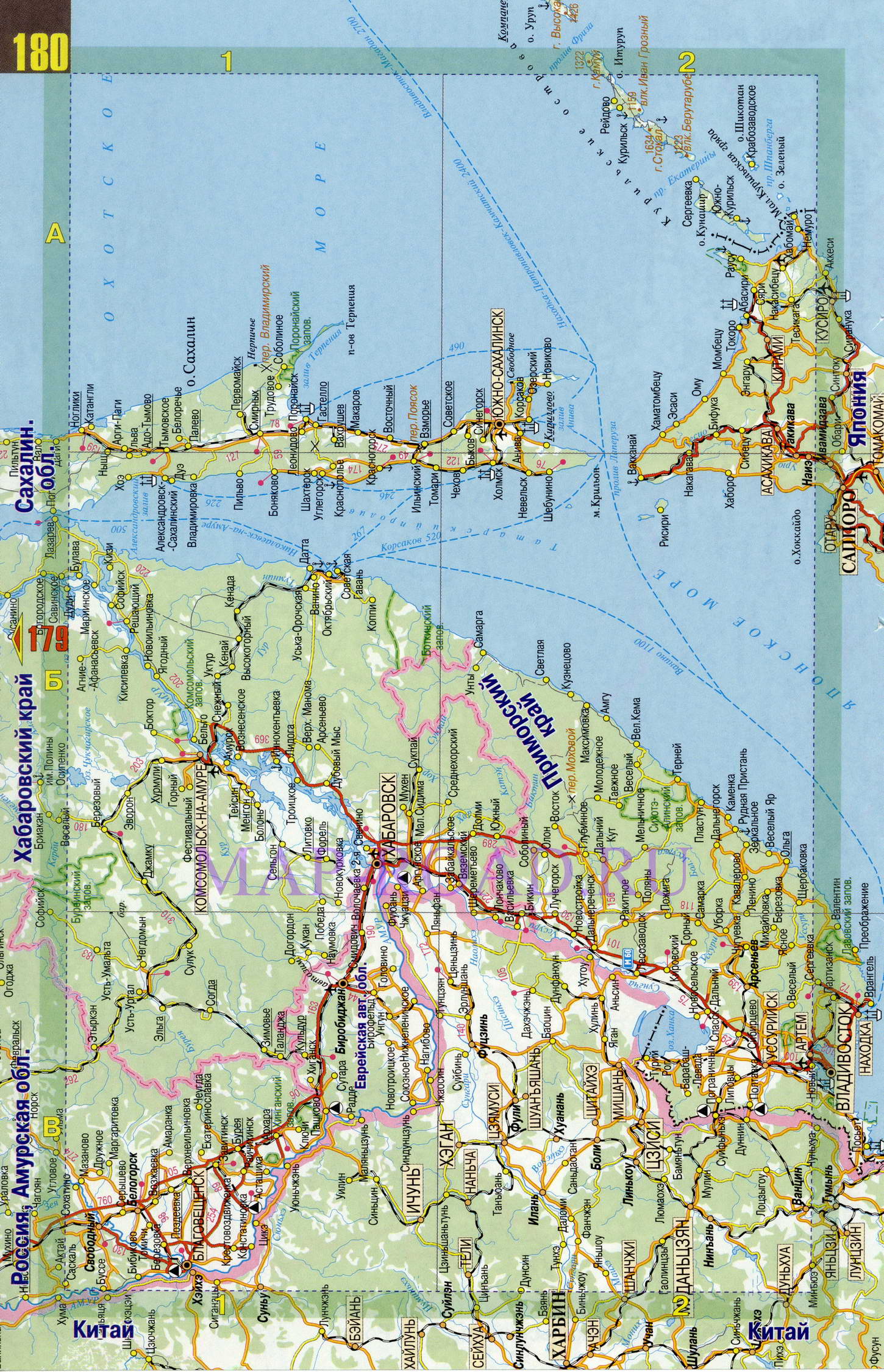Карта дорог Приморского края. Карта автомобильных дорог - Приморский край России, A0 - 