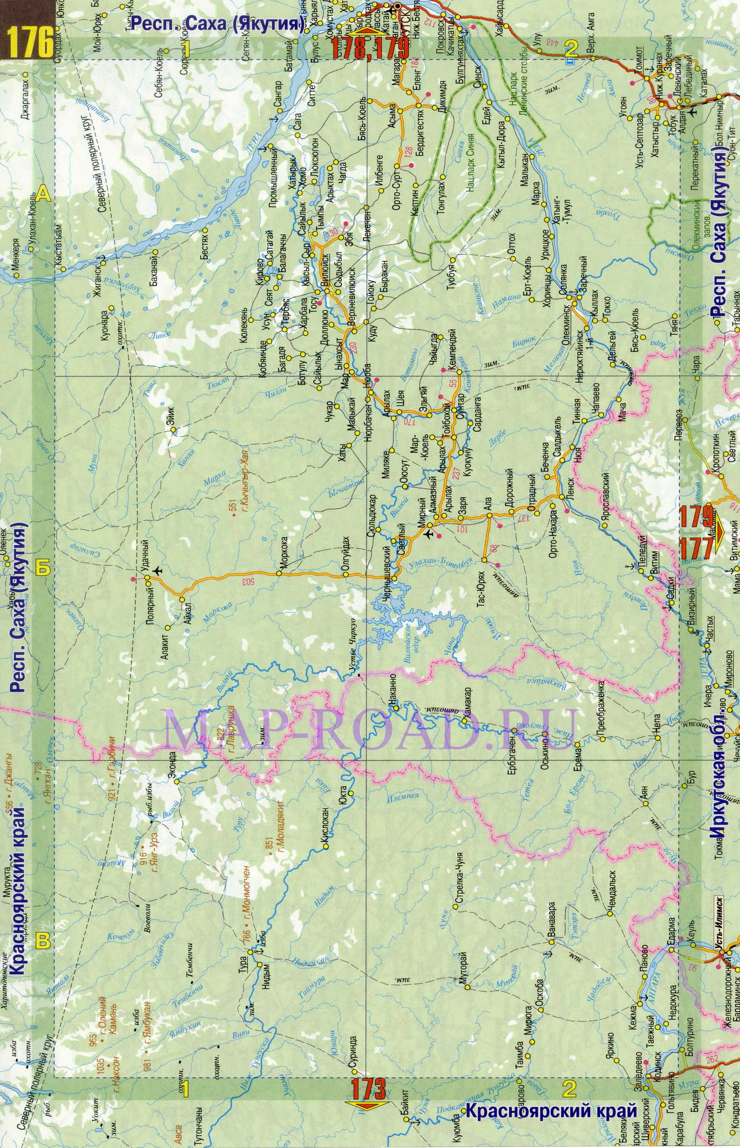 Карта дорог Якутии. Карта автомобильных дорог республики Саха Якутия, A0 - 