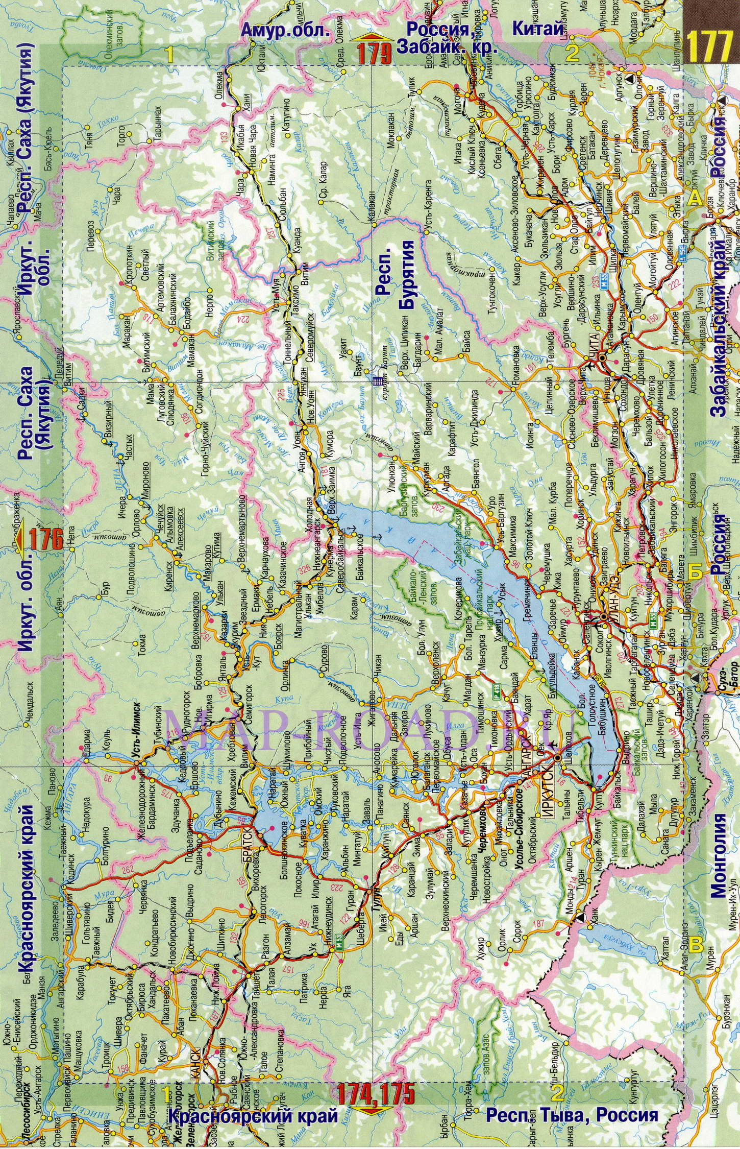 Карта дорог Иркутской области. Карта автомобильных дорог - Иркутская область, A0 - 