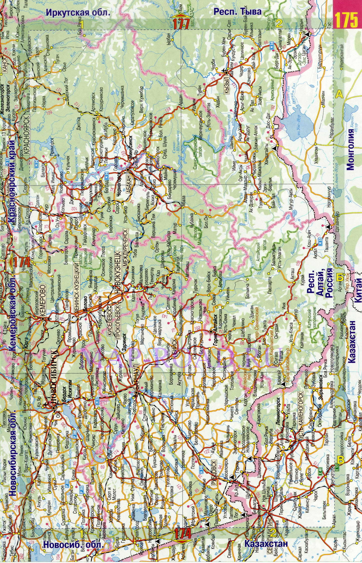 Карта дорог Красноярского края. Карта автомобильных дорог - Красноярский край России, B0 - 