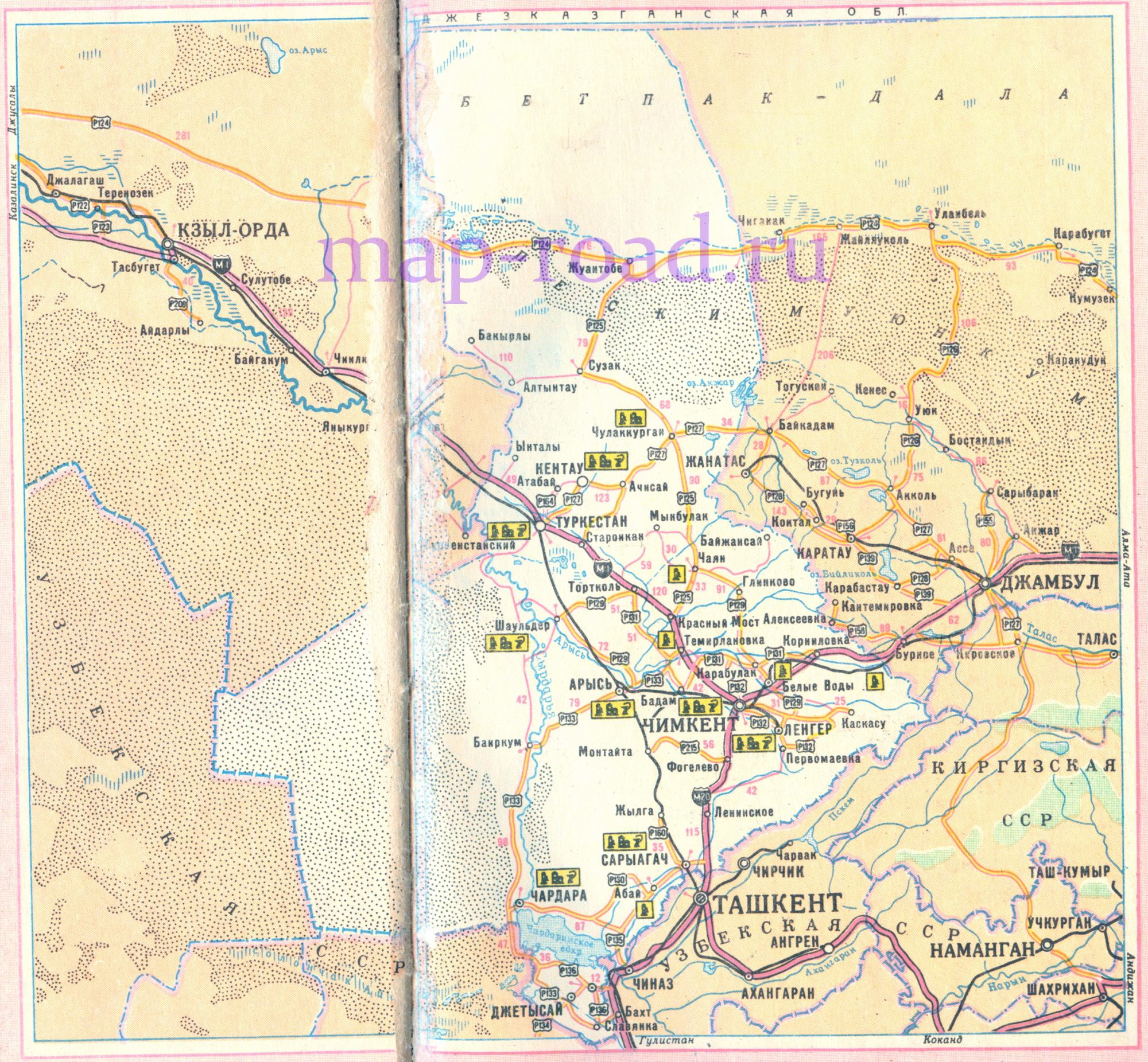 Карта дорог Чимкентской области Казахстана. Карта автомобильных дорог Чимкентская область, A0 - 