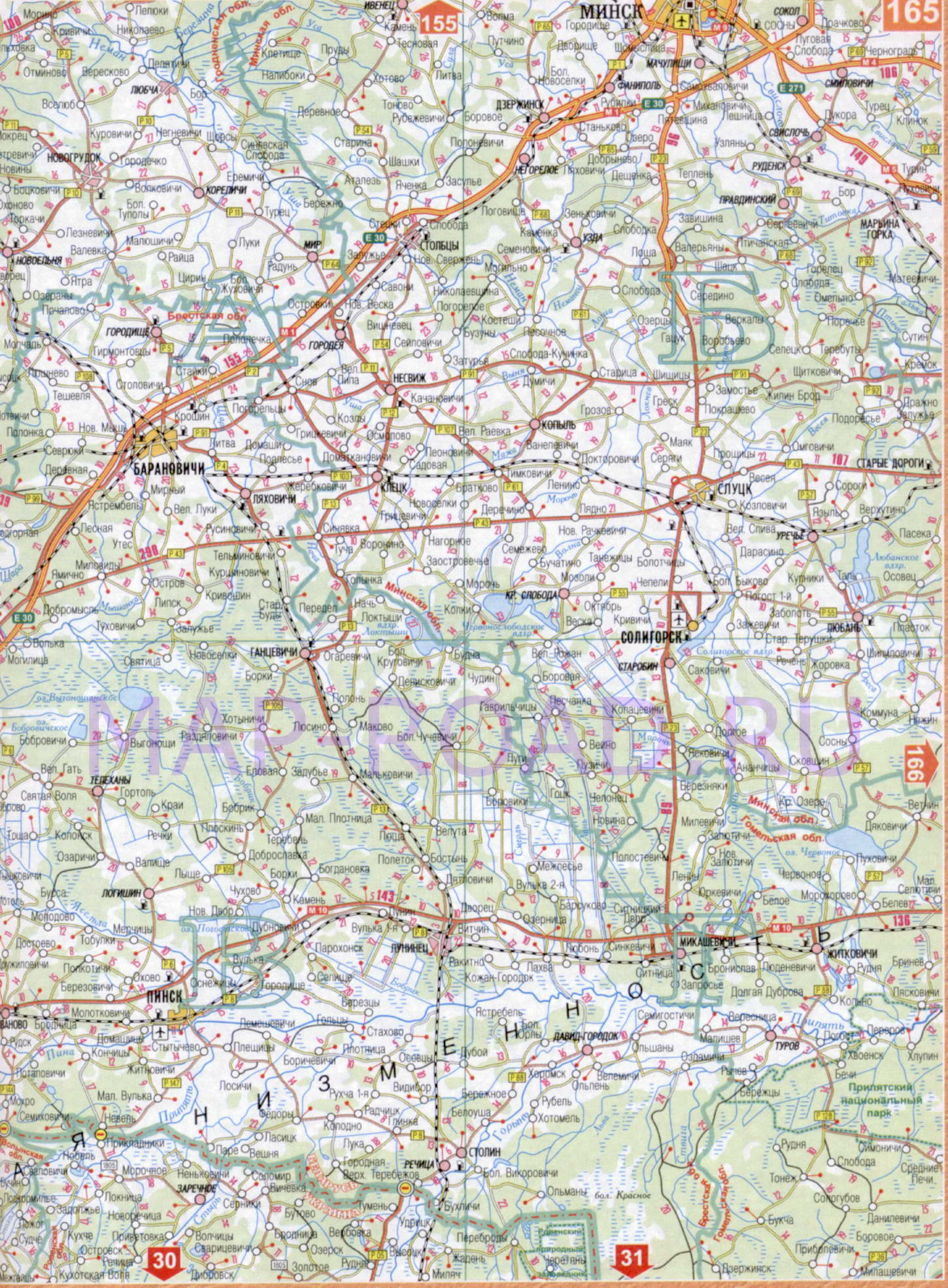 Карта дороги Минск-Брест. Подробная карта автомобильной дороги Минск-Брест, B0 - 