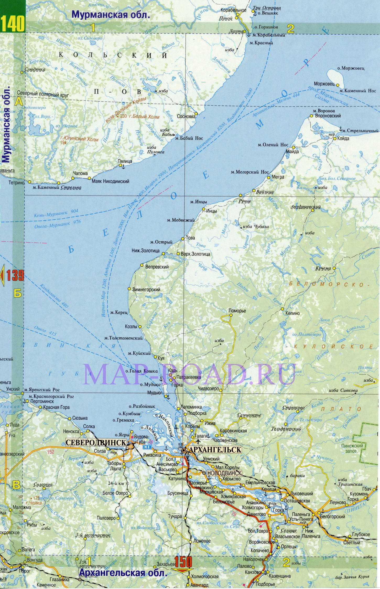 Карта дорог Архангельской обл. Подробная карта автомобильных дорог - Архангельская обл, A0 - 