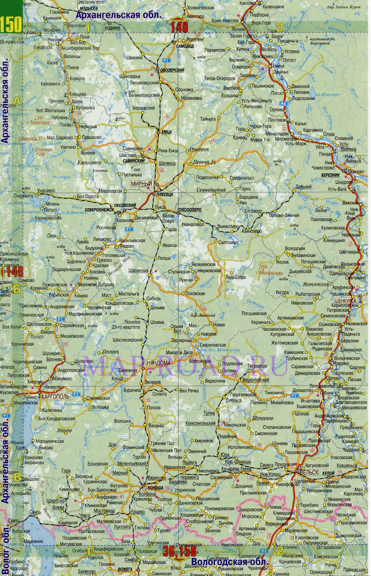 Карта дорог Архангельской обл. Подробная карта автомобильных дорог - Архангельская обл, A1 - 