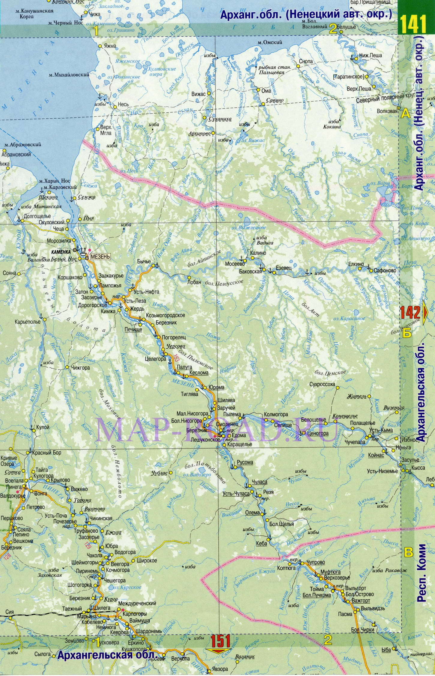Карта дорог Архангельской обл. Подробная карта автомобильных дорог - Архангельская обл, B0 - 