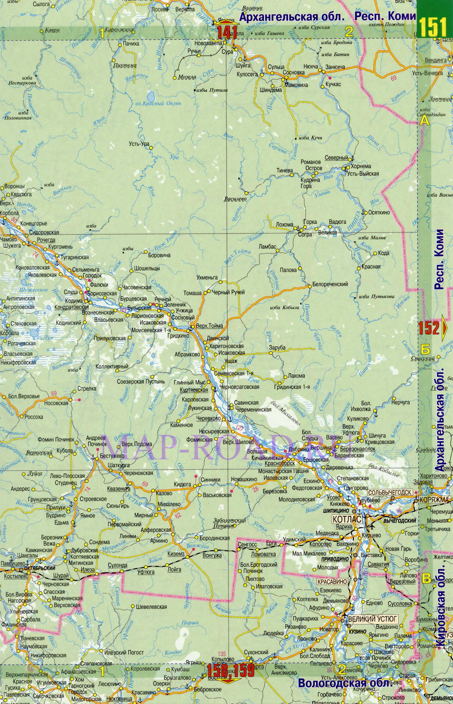 Карта дорог Архангельской обл. Подробная карта автомобильных дорог - Архангельская обл, B1 - 