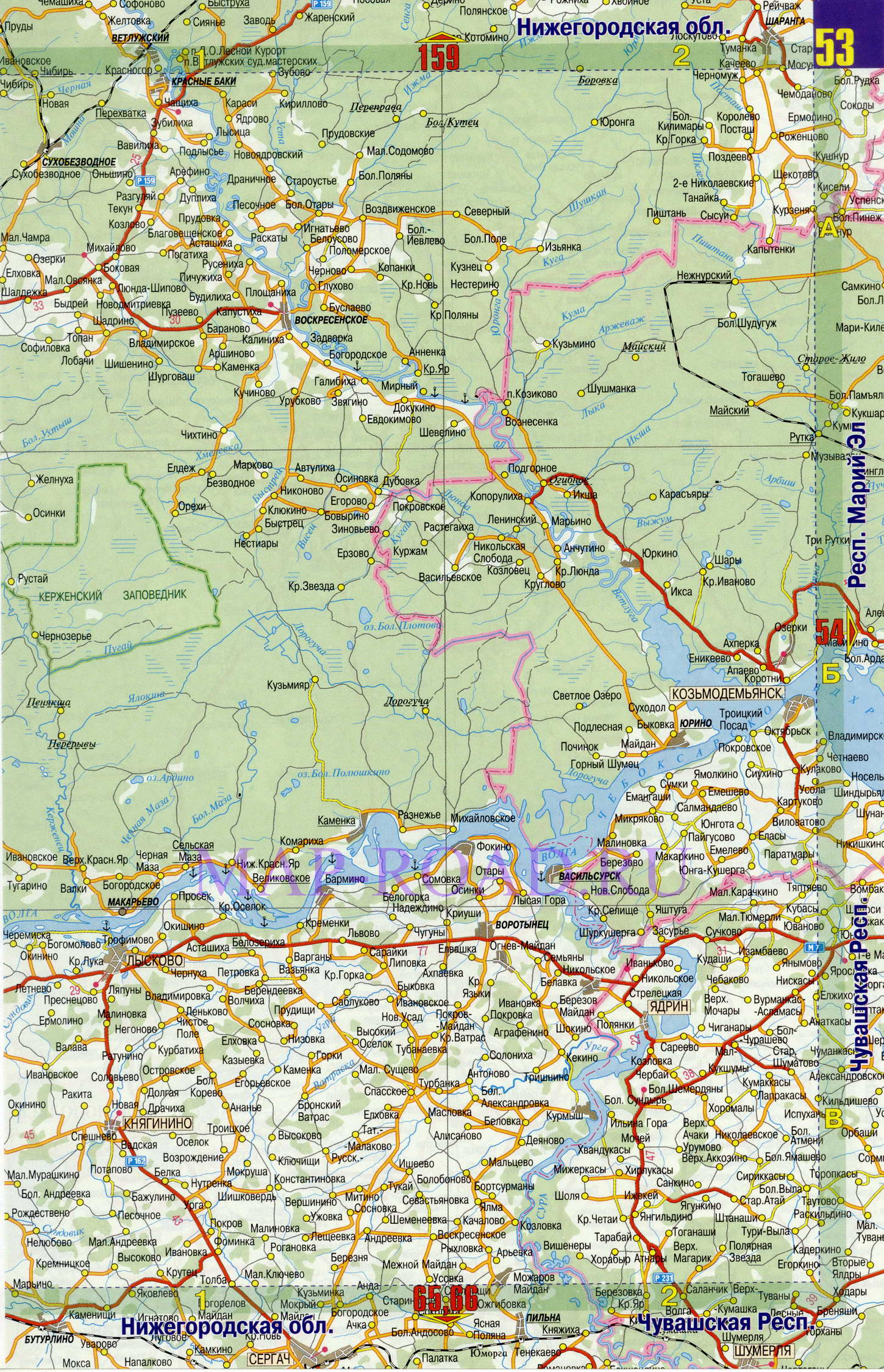 Карта дорог Нижегородской области. Подробная дорожная карта 1см:7км - Нижегородская область, B0 - 