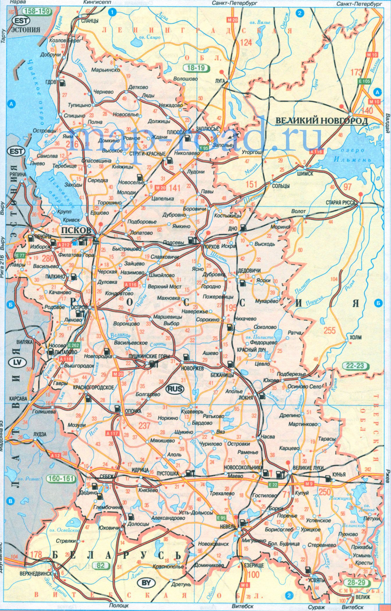 Карта дорог Псковской области. Атлас автодорог России - карта Псковской области, A0 - 