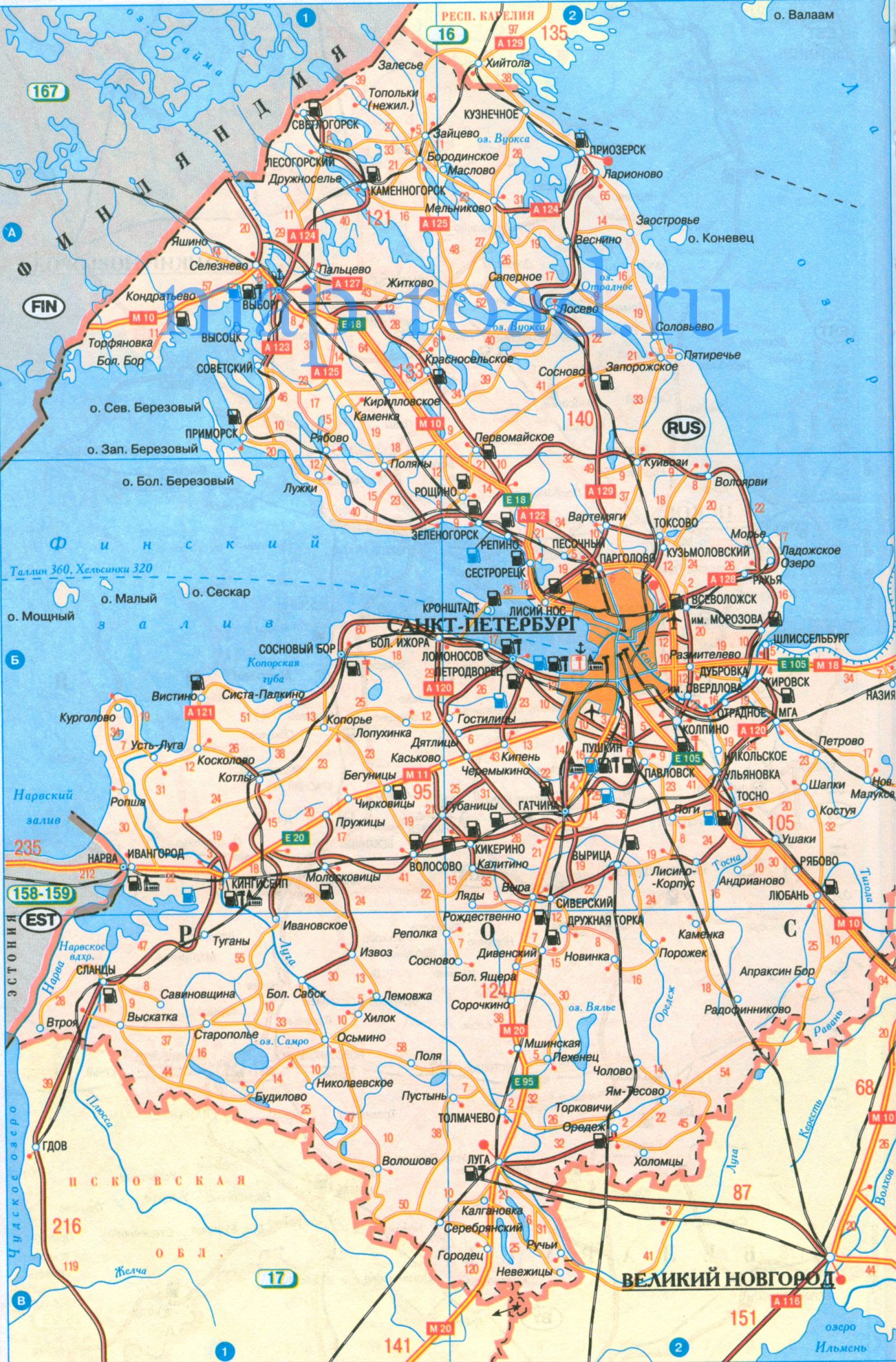 Карта дорог Ленинградской области России. Карта схема 1см:15км автомобильных дорог Ленинградской области, A0 - 