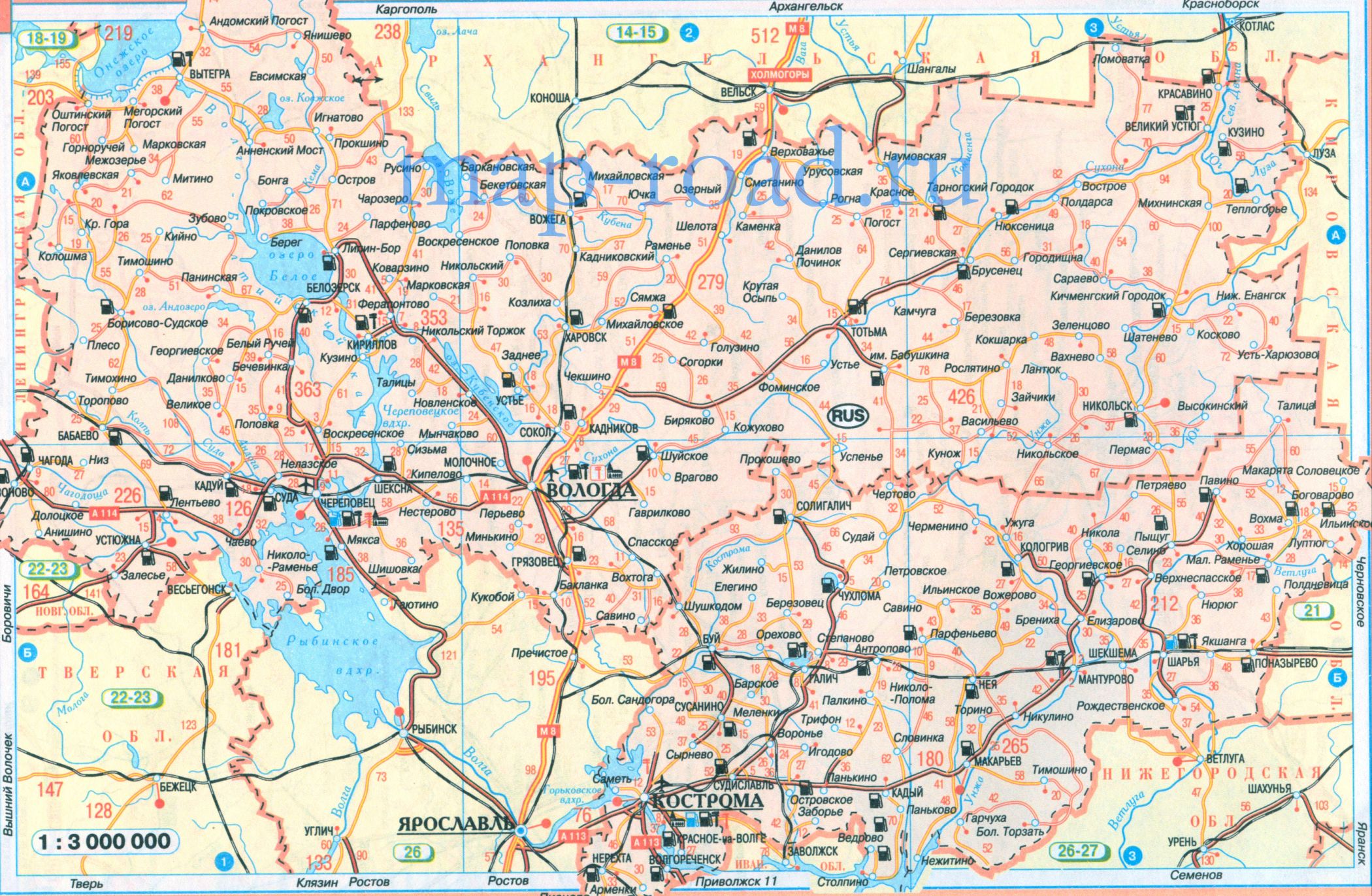 Карта дорог Вологодской области России. Атлас автодорог России - карта схема Вологодской области, A0 - 