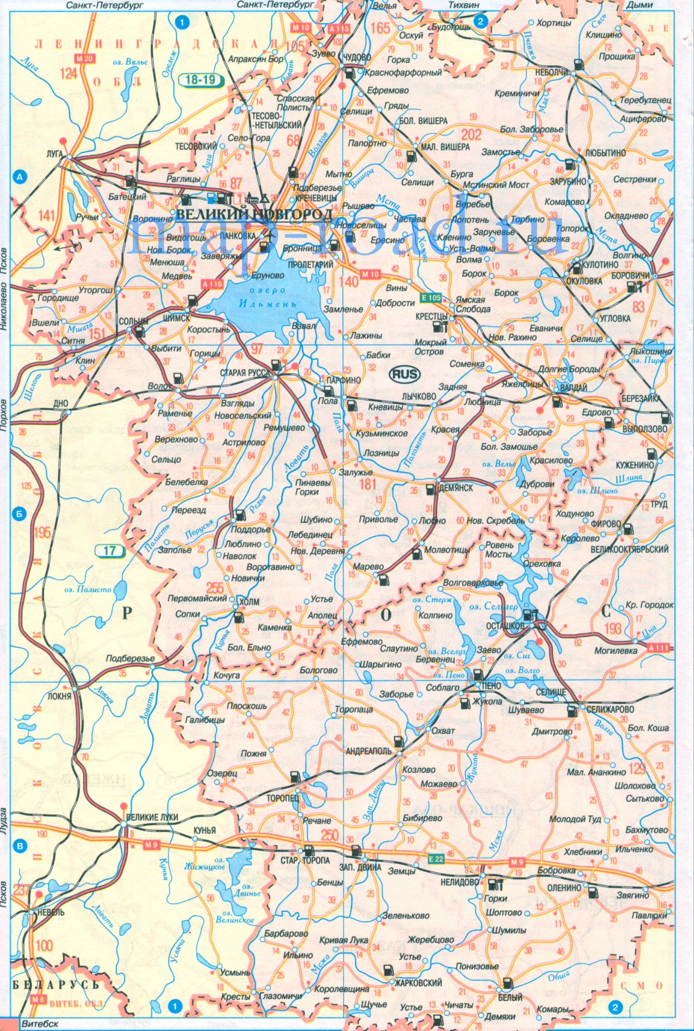 Карта дорог Новгородской области России. Карта схема автомобильных дорог - Новгородская область, A0 - 