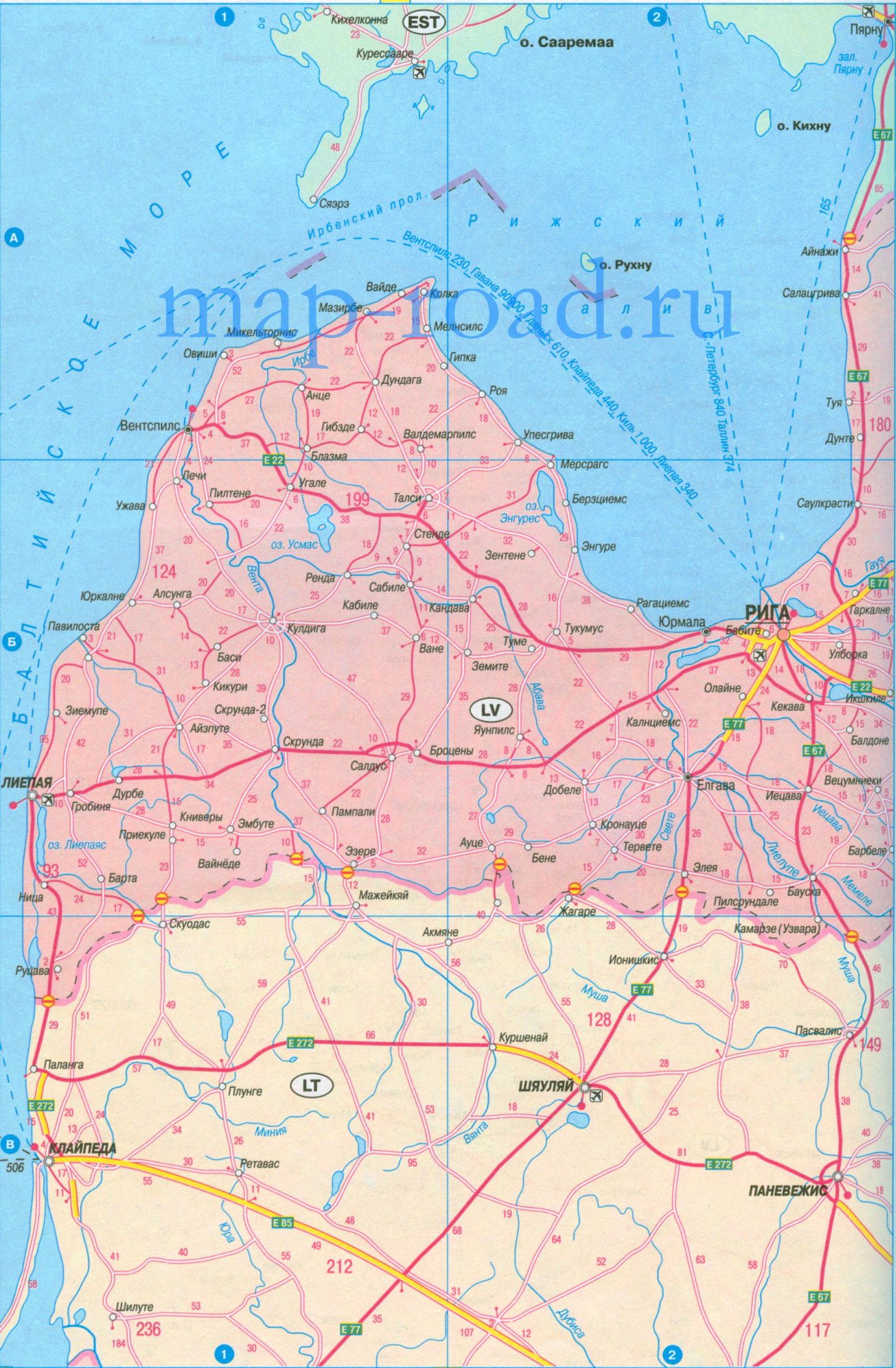 Карта схема автодорог Латвии. Карта автомобильных дорог Латвии, A0 -