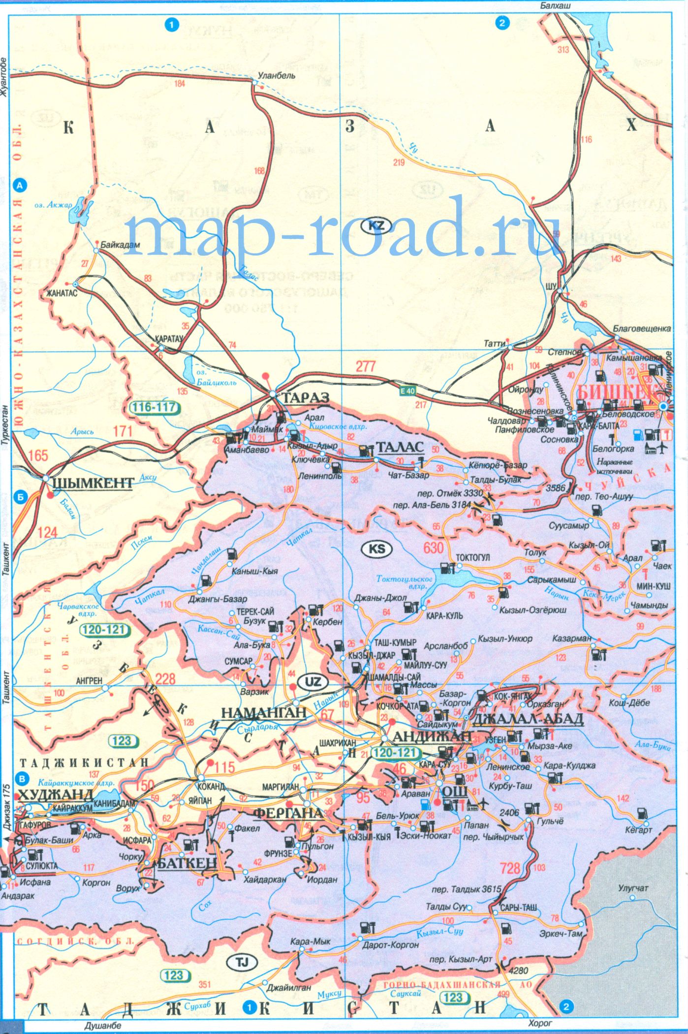Карта дорог Киргизии. Карта автомобильных дорог Киргизии, A0 - 