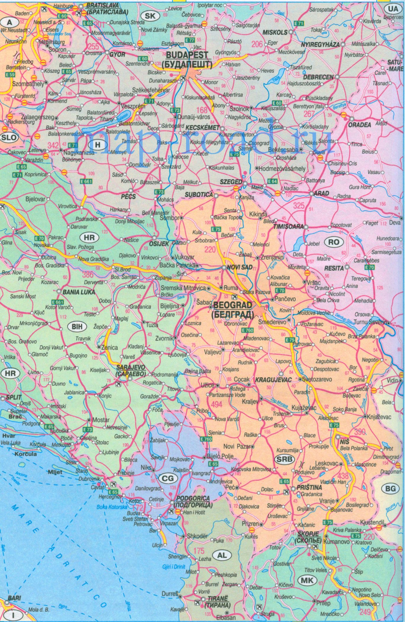 Карта дорог Сербии, Болгарии, Румынии. Карта автомобильных дорог Сербии, Болгарии, Румынии, A0 - 