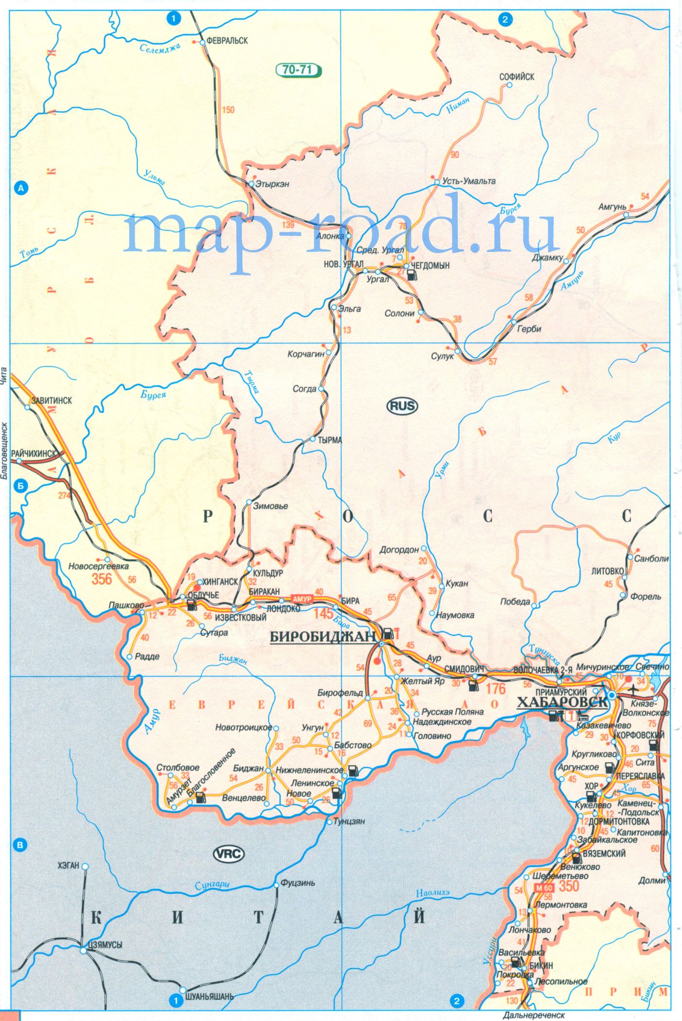 Карта дорог Хабаровского края России. Карта схема автомобильных дорог Хабаровского края 1см:30км, A0 - 