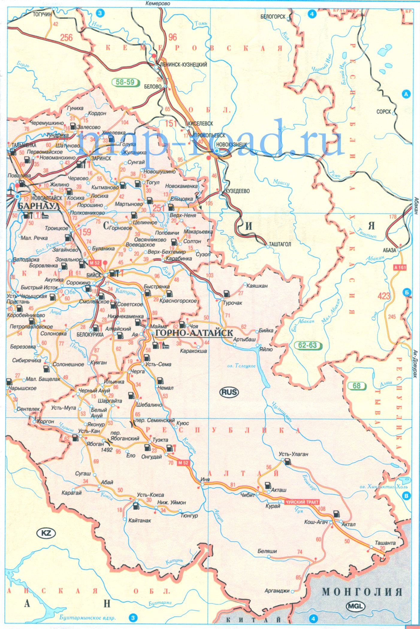 Карта дорог Алтайского края России. Подробная карта автомобильных дорог Алтайского края и республики Алтай, B0 - 