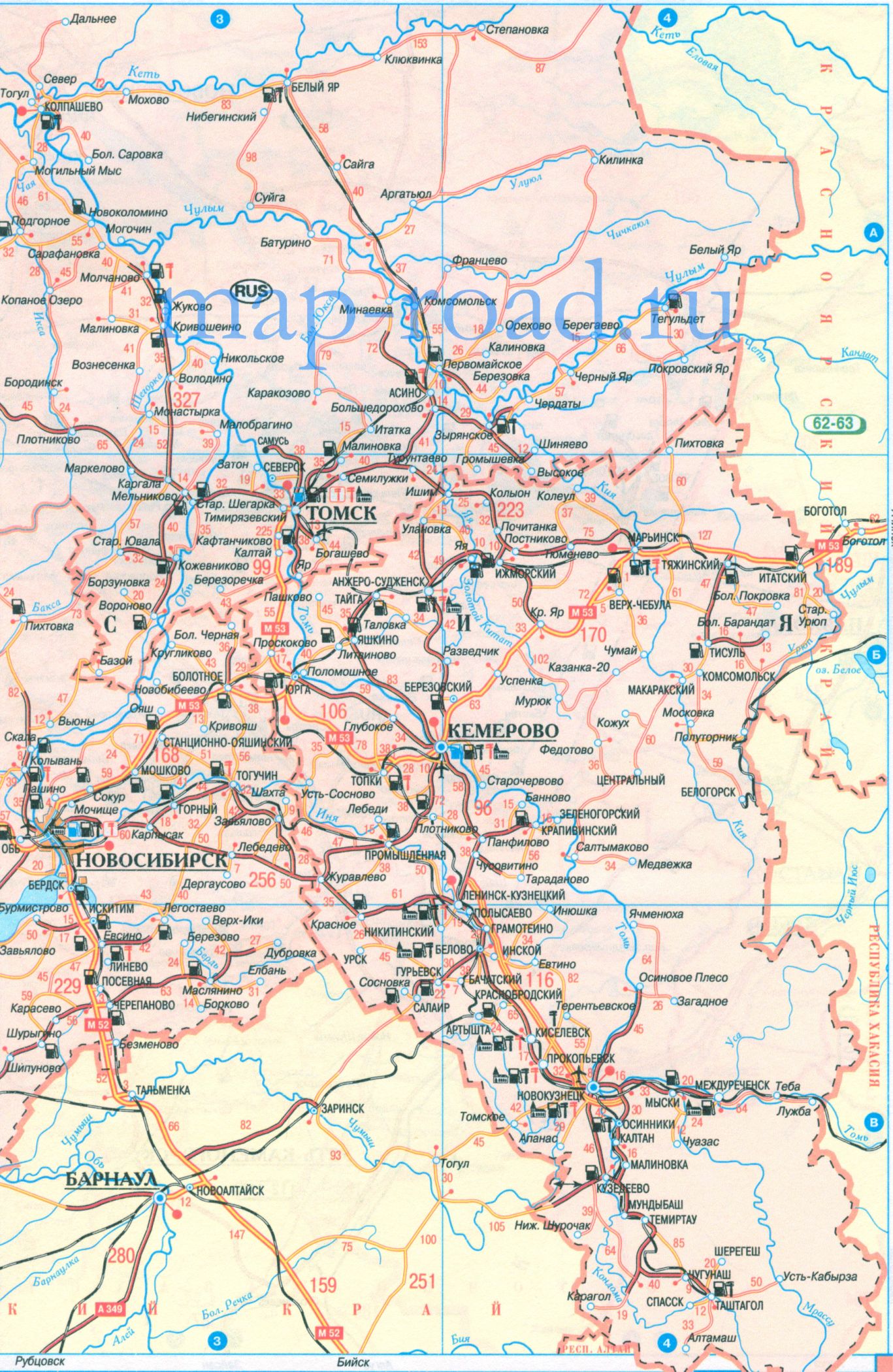 Карта дорог Новосибирской области. Карта автомобильных дорог Новосибирской, Томской и Кемеровской областей, B0 - 