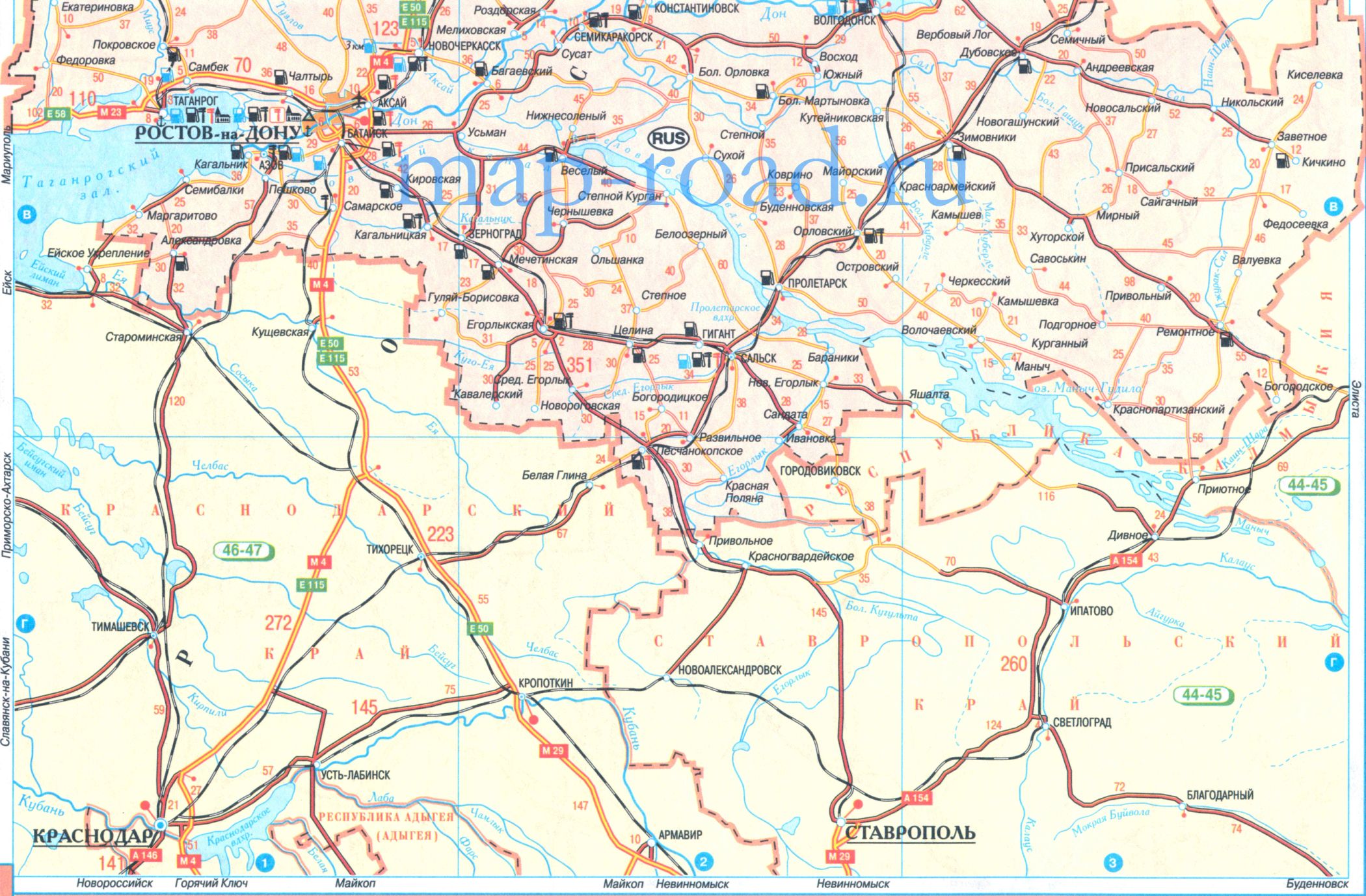 Карта дорог Ростовской обл. Атлас автомобильных дорог России - карта Ростовской обл 1см:20км, A1 - 