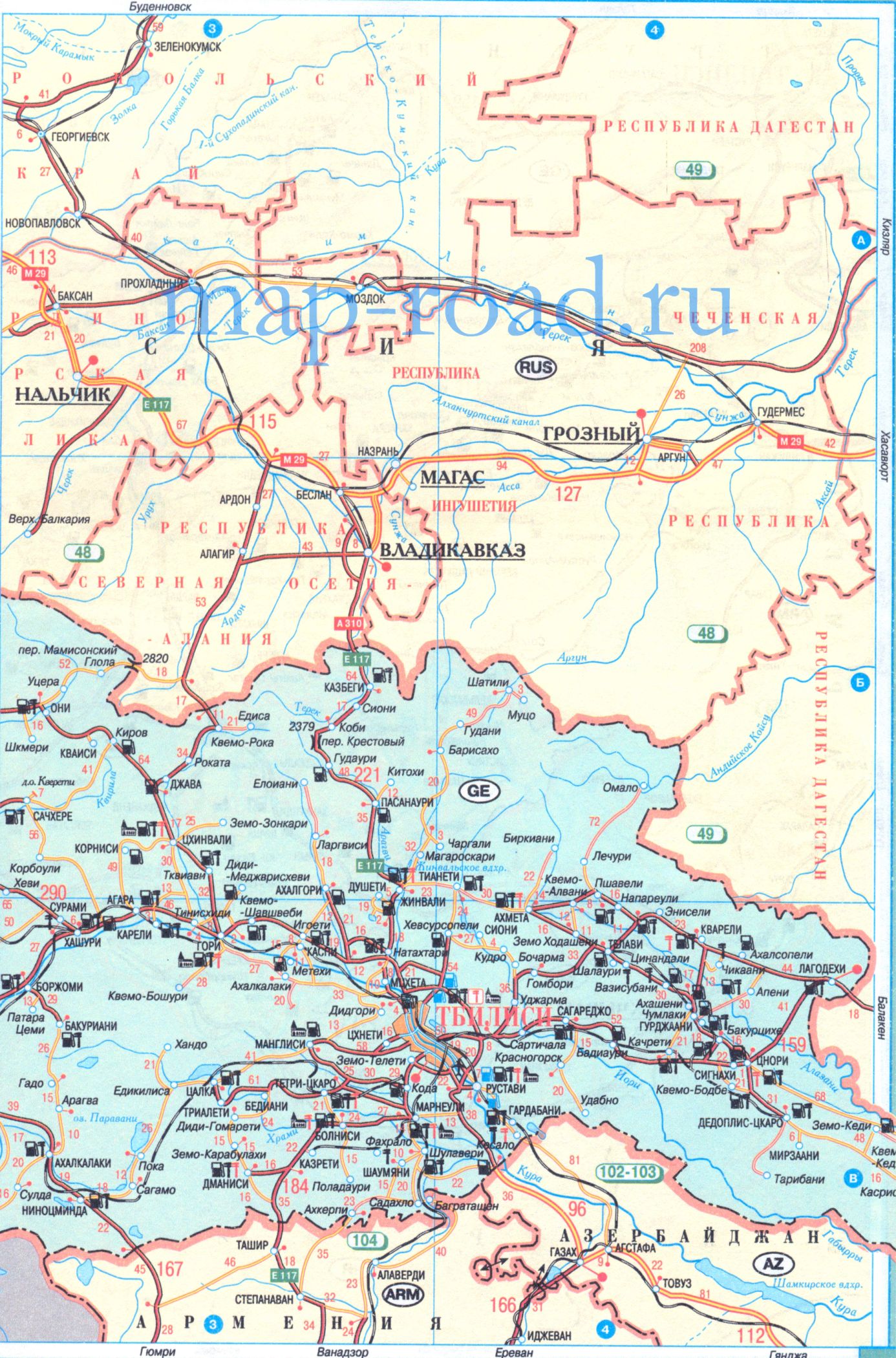 Карта дорог Грузии. Автомобильная карта схема дорог Грузии, B0 - 