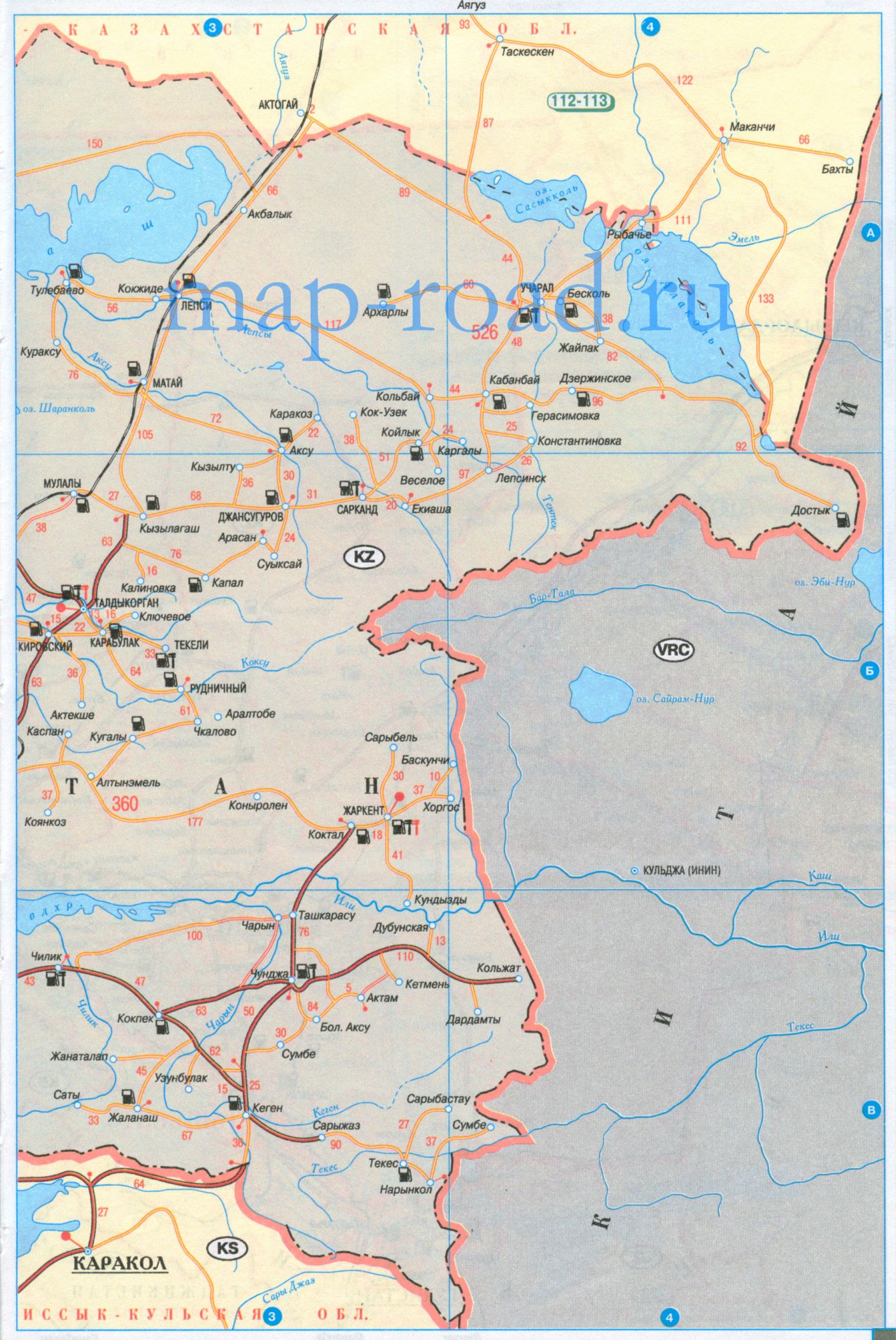 Карта дорог Алма-Атинской области Казахстана.  Карта схема автодорог Алма-Атинской области, B0 - 