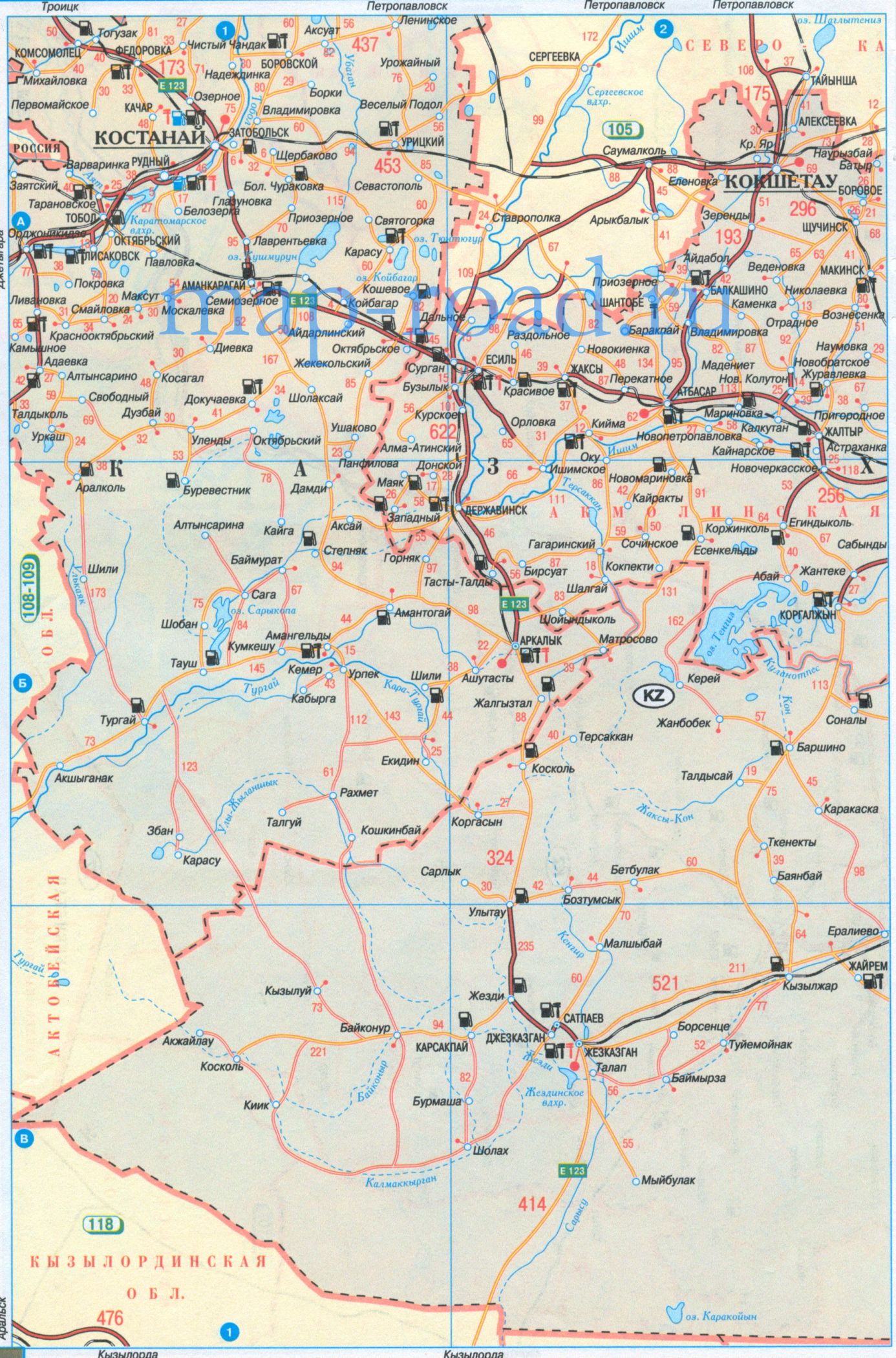 Карта дорог Акмолинской и Карагандинской областей Казахстана. Карта автодорог Акмолинской и Карагандинской области, A0 - 