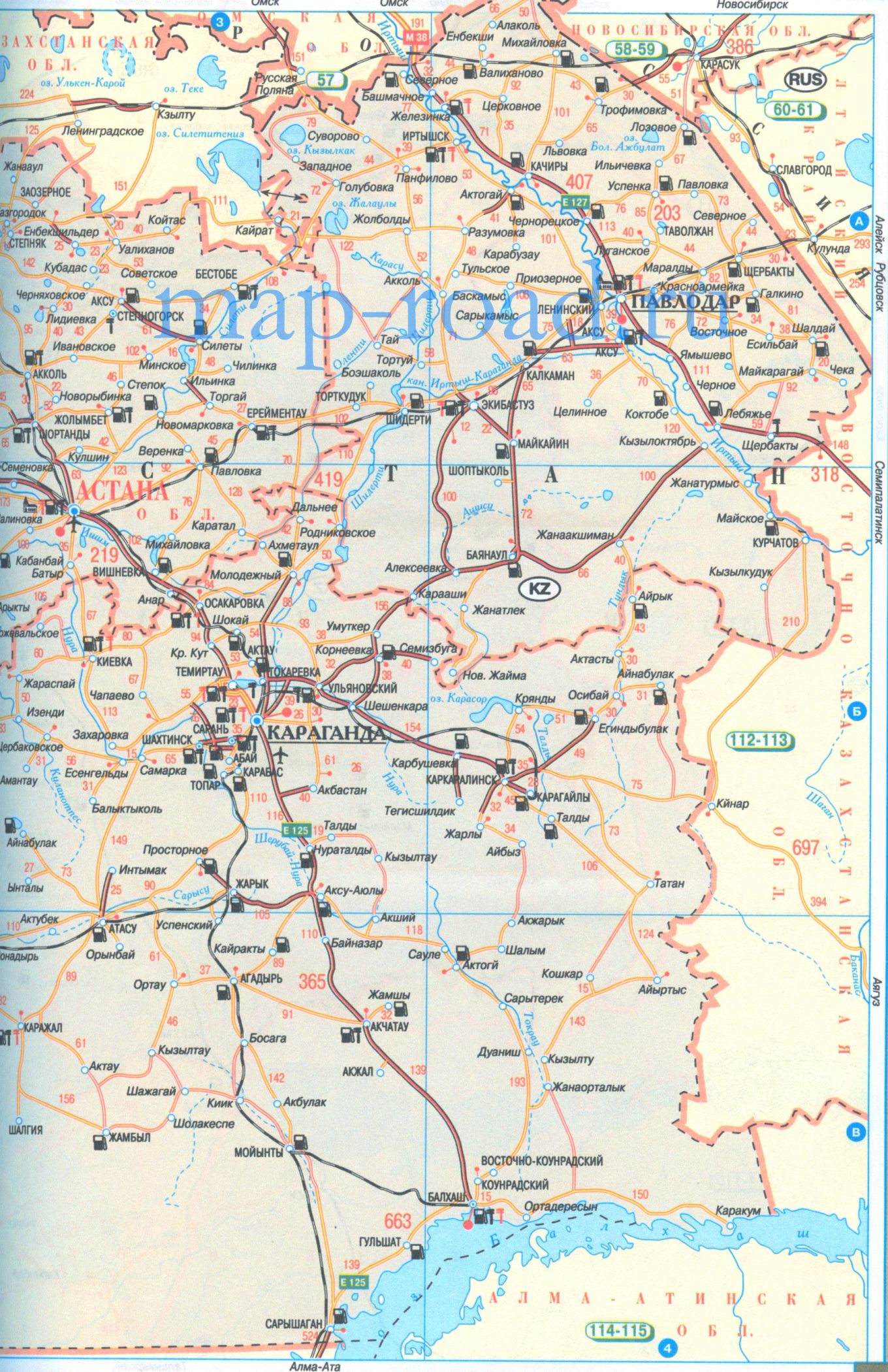 Карта дорог Акмолинской и Карагандинской областей Казахстана. Карта автодорог Акмолинской и Карагандинской области, B0 - 