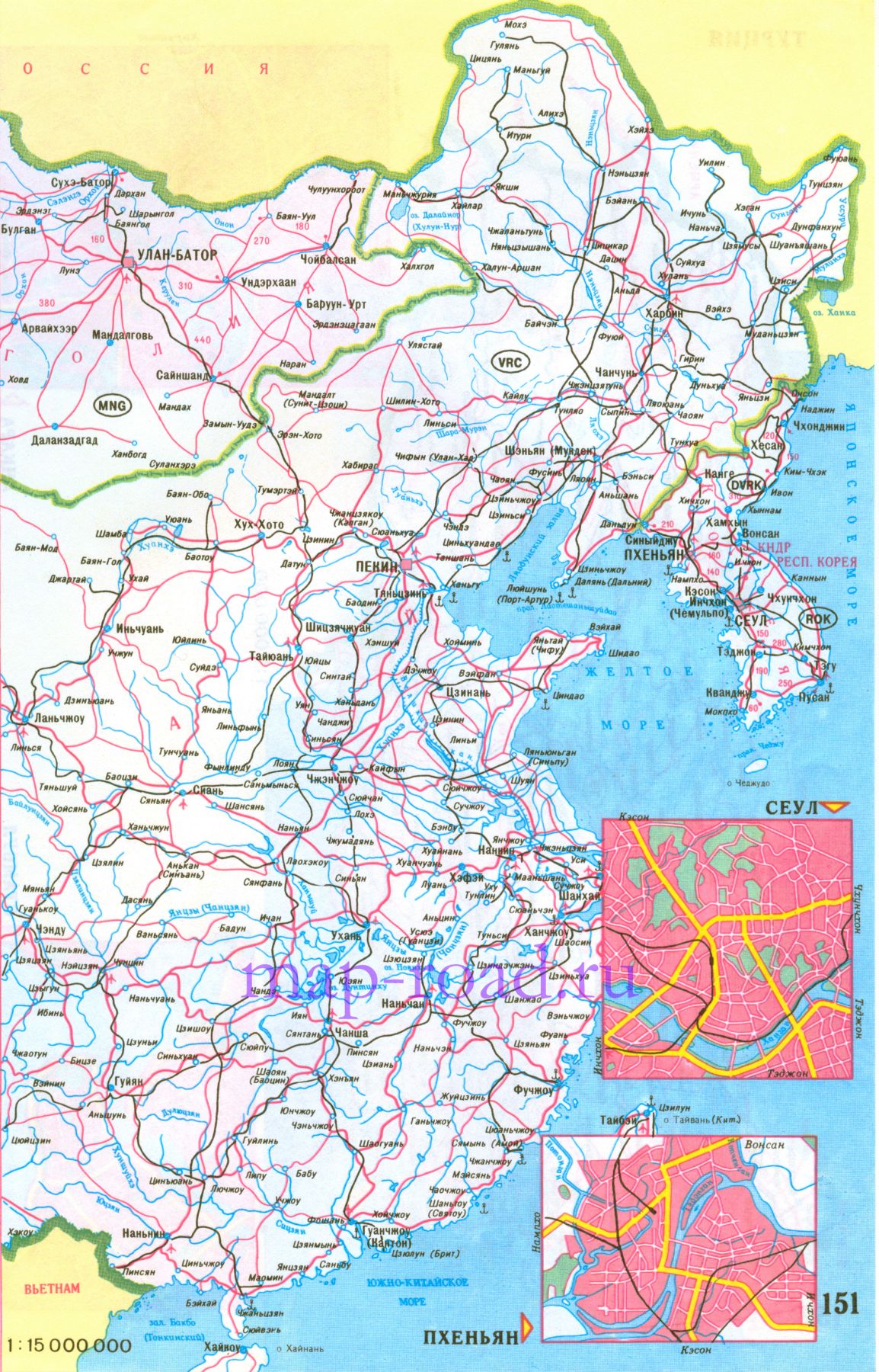 Карта дорог Китая, Монголии и Кореи. Карта автомобильных дорог Азии - Китай, Монголия, Корея, B0 - 