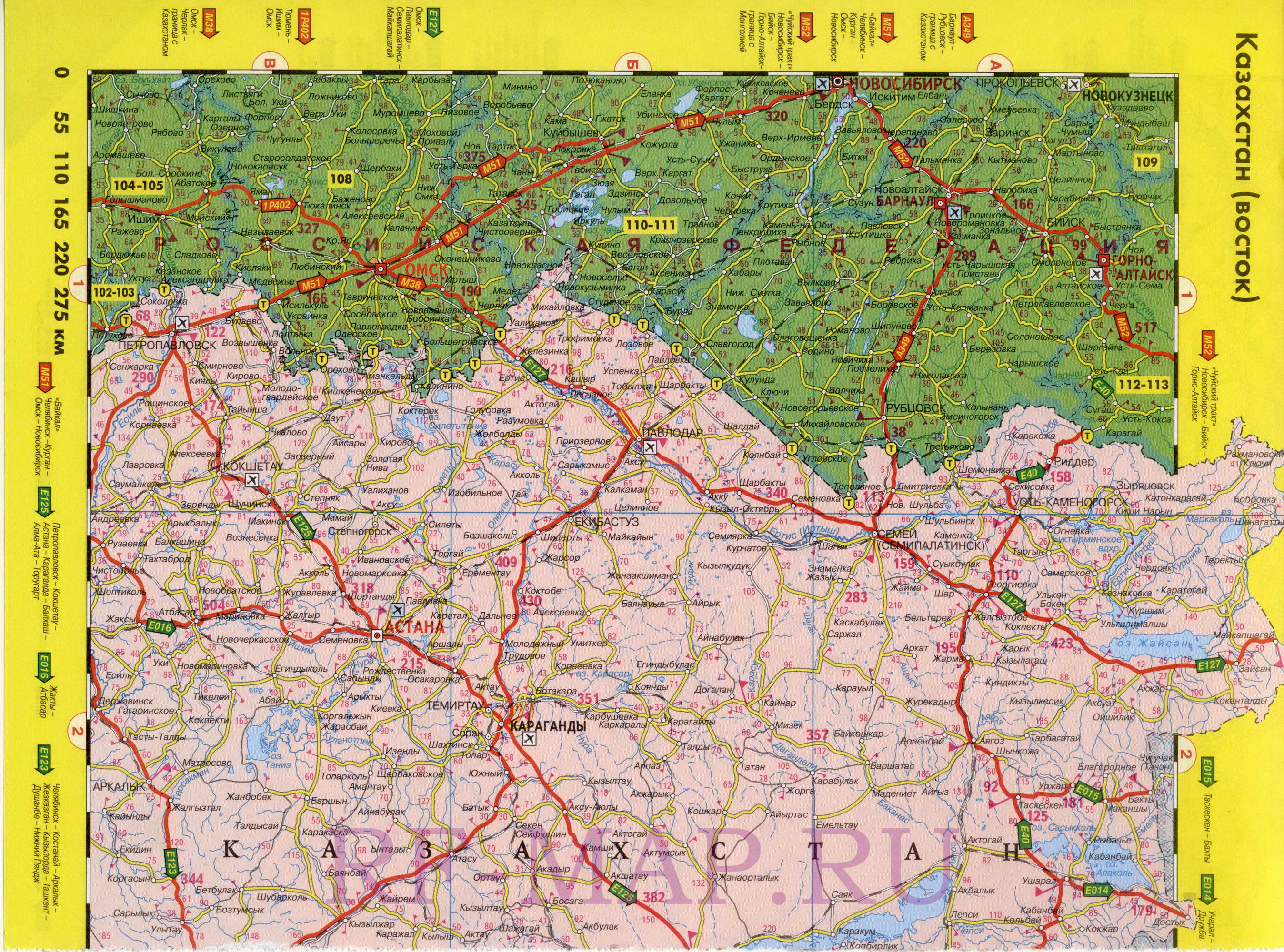  Карта дорог Казахстана. Подробная карта дорог Казахстана (восток), A0 - 